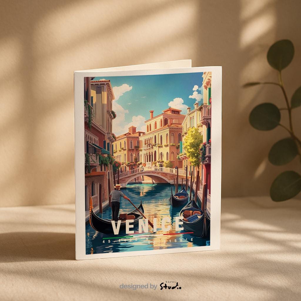 Illustration von Venedig mit Gondeln auf einem ruhigen Kanal, historischer Architektur und Brücke. Die Szene wirkt romantisch, warm und klassisch italienisch.