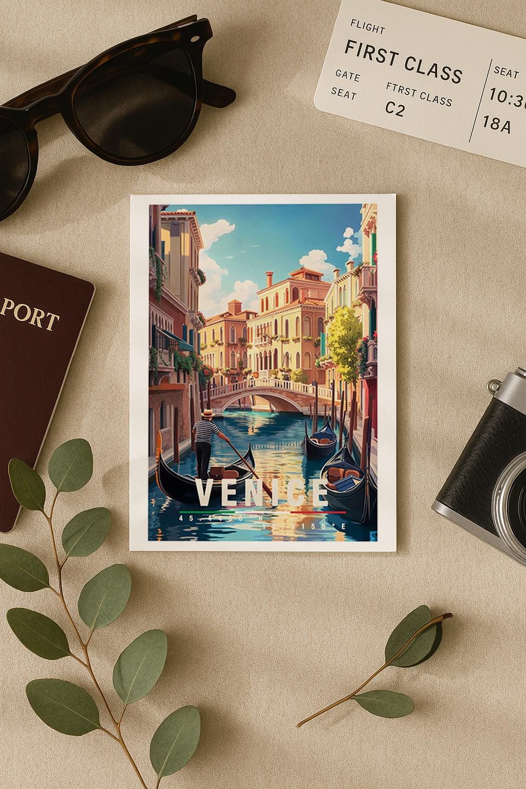 Illustration von Venedig mit Gondeln auf einem ruhigen Kanal, historischer Architektur und Brücke. Die Szene wirkt romantisch, warm und klassisch italienisch.