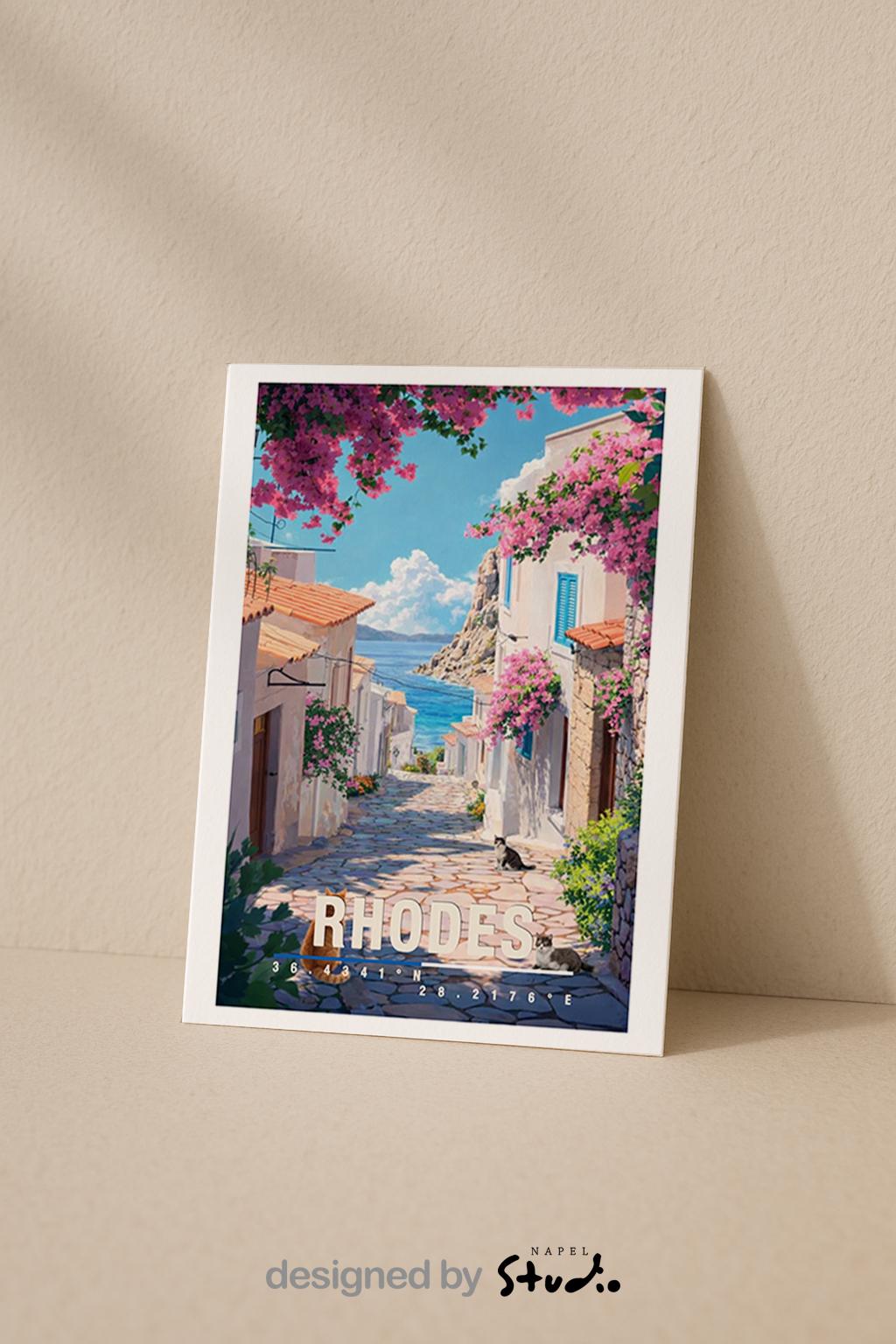 Mediterrane Illustration von Rhodos mit weißer Altstadtgasse, bunten Blumen, Katze und Blick auf das blaue Meer. Die Szene wirkt sonnig, ruhig und typisch griechisch.
