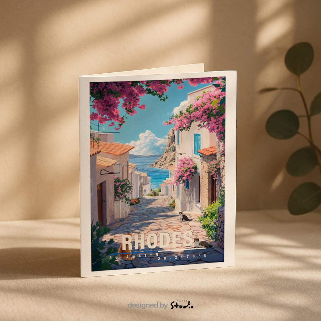 Mediterrane Illustration von Rhodos mit weißer Altstadtgasse, bunten Blumen, Katze und Blick auf das blaue Meer. Die Szene wirkt sonnig, ruhig und typisch griechisch.
