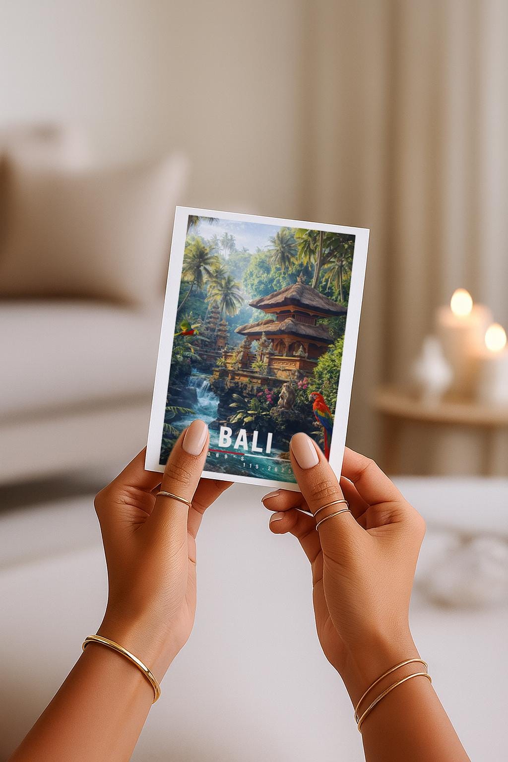 Farbenfrohe Illustration von Bali mit traditionellem Dschungeltempel, Wasserfall, tropischer Vegetation und exotischen Vögeln. Die Szene wirkt lebendig, mystisch und naturverbunden.