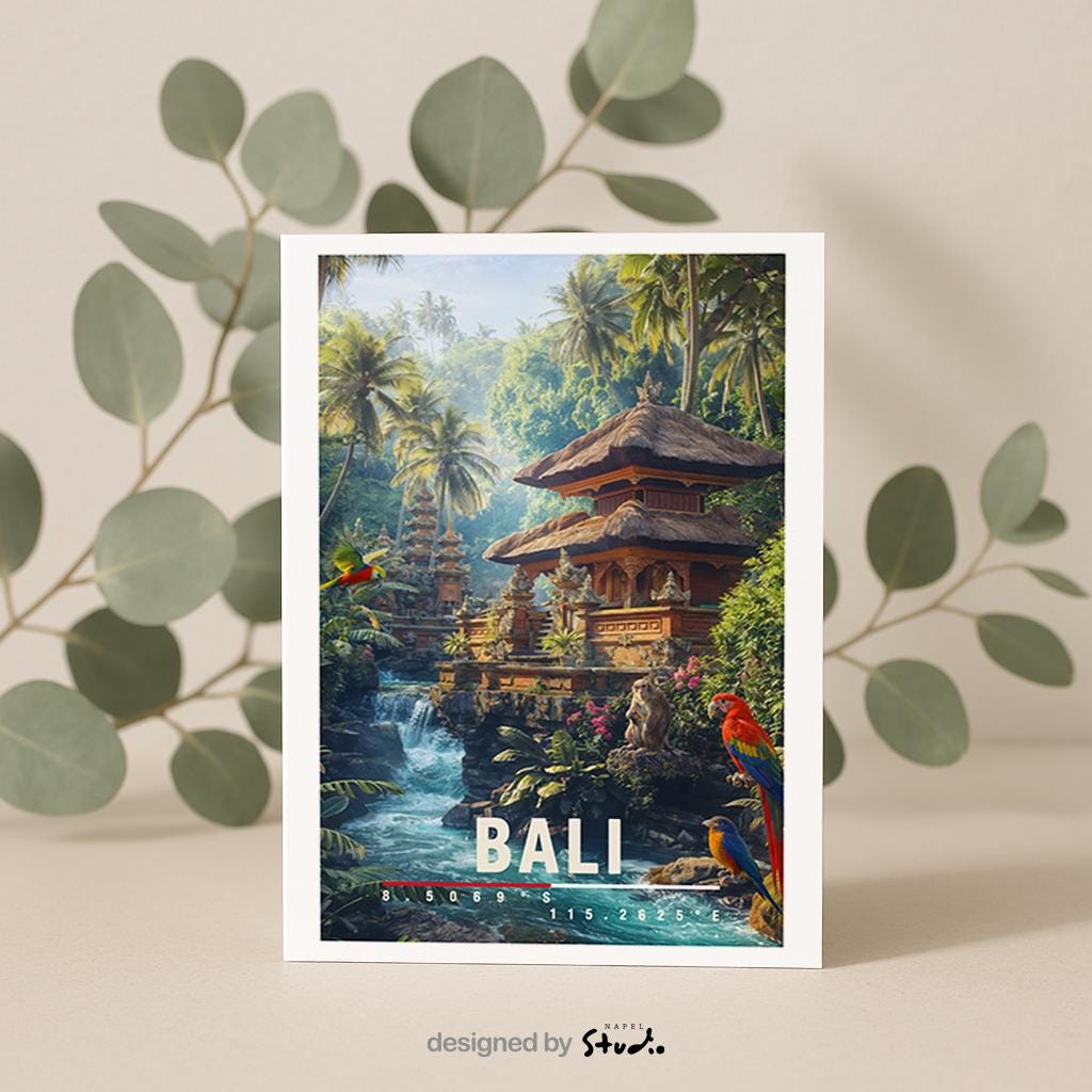 Farbenfrohe Illustration von Bali mit traditionellem Dschungeltempel, Wasserfall, tropischer Vegetation und exotischen Vögeln. Die Szene wirkt lebendig, mystisch und naturverbunden.