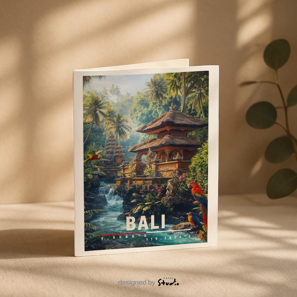 Farbenfrohe Illustration von Bali mit traditionellem Dschungeltempel, Wasserfall, tropischer Vegetation und exotischen Vögeln. Die Szene wirkt lebendig, mystisch und naturverbunden.