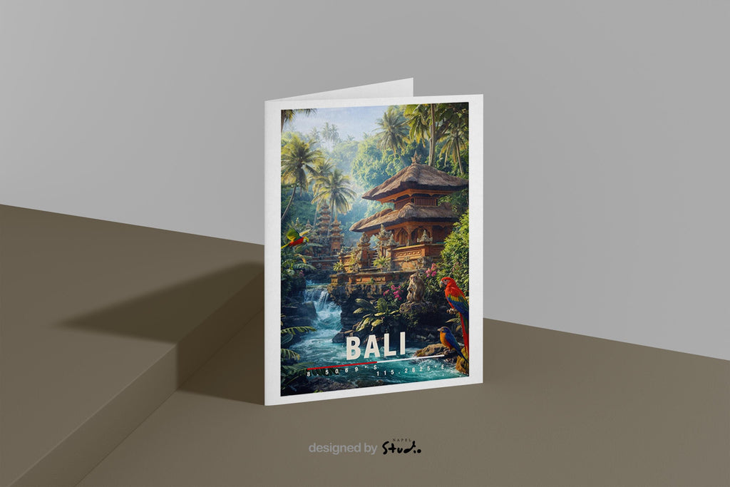 Farbenfrohe Illustration von Bali mit traditionellem Dschungeltempel, Wasserfall, tropischer Vegetation und exotischen Vögeln. Die Szene wirkt lebendig, mystisch und naturverbunden.