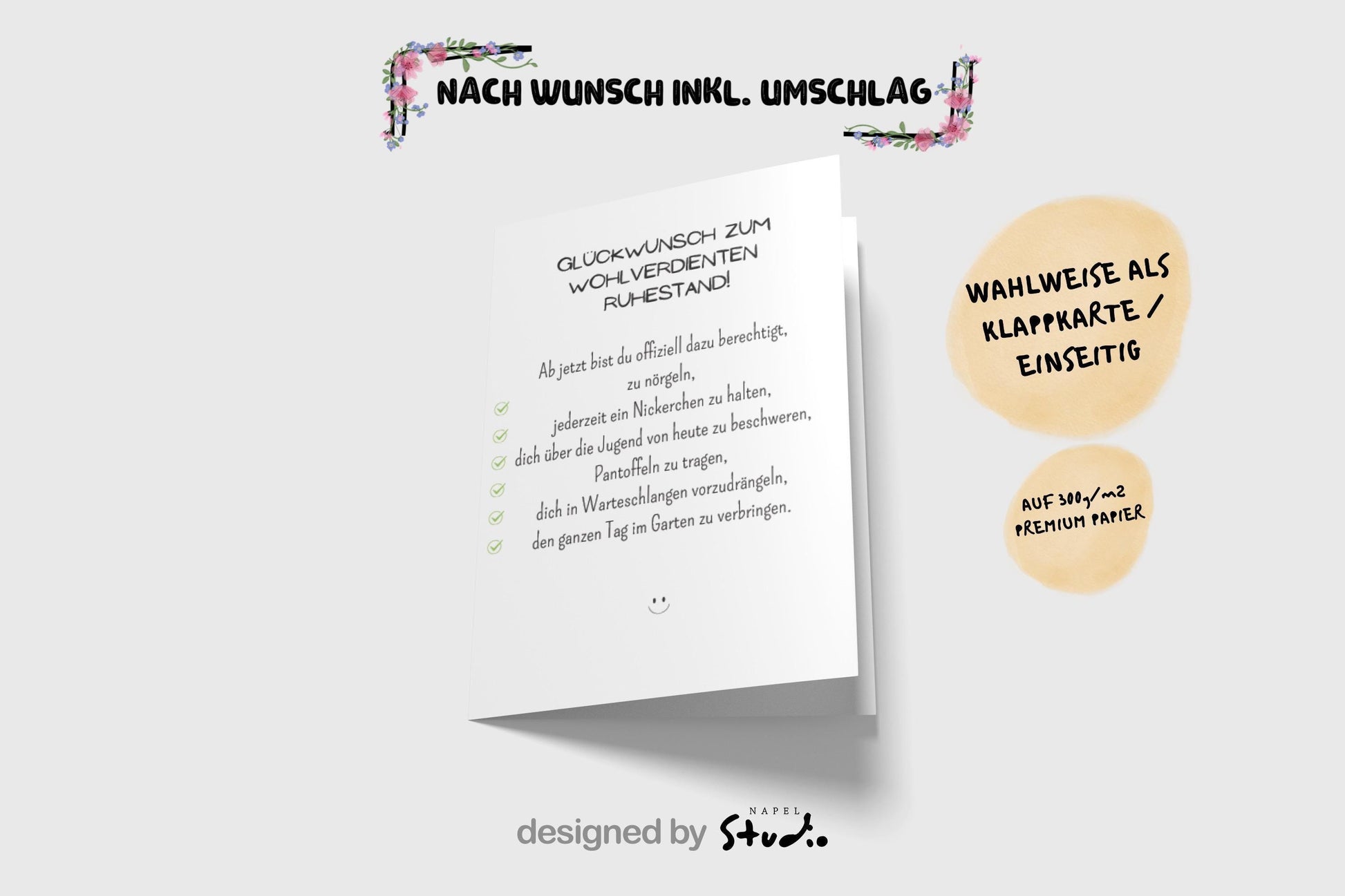 Weiße Abschiedskarte mit humorvollem Text „Glückwunsch zum wohlverdienten Ruhestand“ und einer witzigen Checkliste über Nörgeln, Nickerchen und Gartenzeit. Kleine grüne Häkchen neben jedem Punkt. Minimalistisches, helles Design, Karte liegt auf braunem Umschlag. Perfekt für Kollegen oder Mitarbeiter zum Ruhestand.