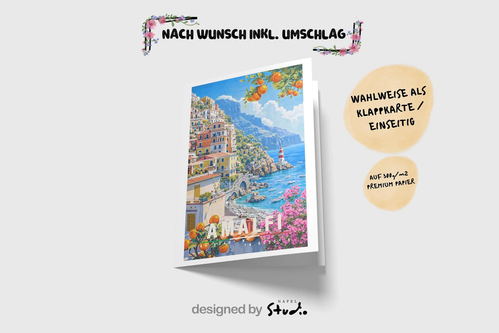 Illustration der Amalfiküste mit bunten Häusern, Zitronenbäumen, Meerblick und Leuchtturm. Die Szene wirkt lebendig, mediterran und vermittelt italienisches Dolce-Vita-Gefühl.