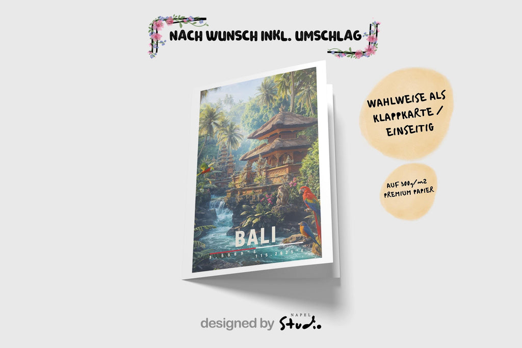 Farbenfrohe Illustration von Bali mit traditionellem Dschungeltempel, Wasserfall, tropischer Vegetation und exotischen Vögeln. Die Szene wirkt lebendig, mystisch und naturverbunden.