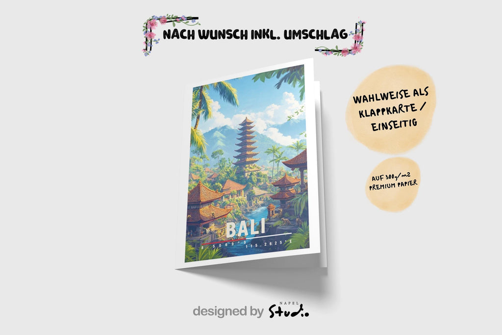 Detailreiche Illustration von Bali mit traditionellem Tempel, tropischen Palmen, Wasserlauf und üppiger Natur. Die Szene wirkt warm, exotisch und ruhig und vermittelt spirituelles Bali-Flair.