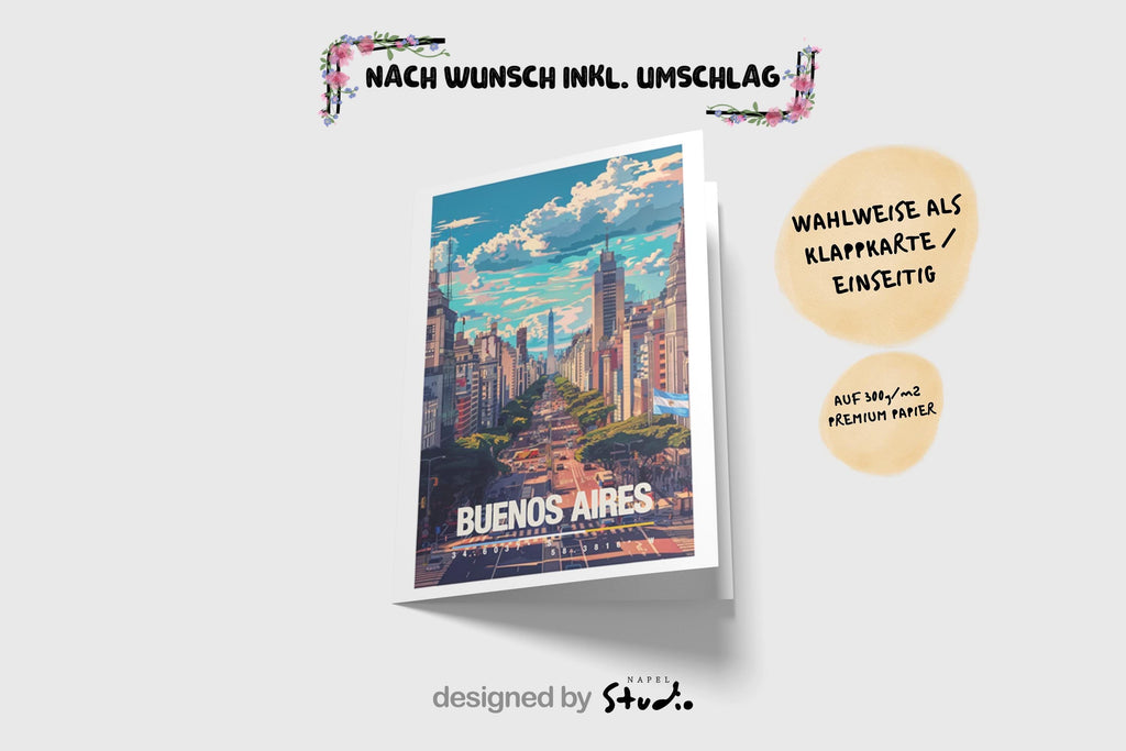 Illustration von Buenos Aires mit breiter Straße, Hochhäusern und urbanem Stadtleben. Die Szene zeigt Dynamik, Architektur und südamerikanisches Großstadtgefühl und eignet sich ideal als Erinnerung an Argentinien oder als Geschenk für City- und Reiseliebhaber.