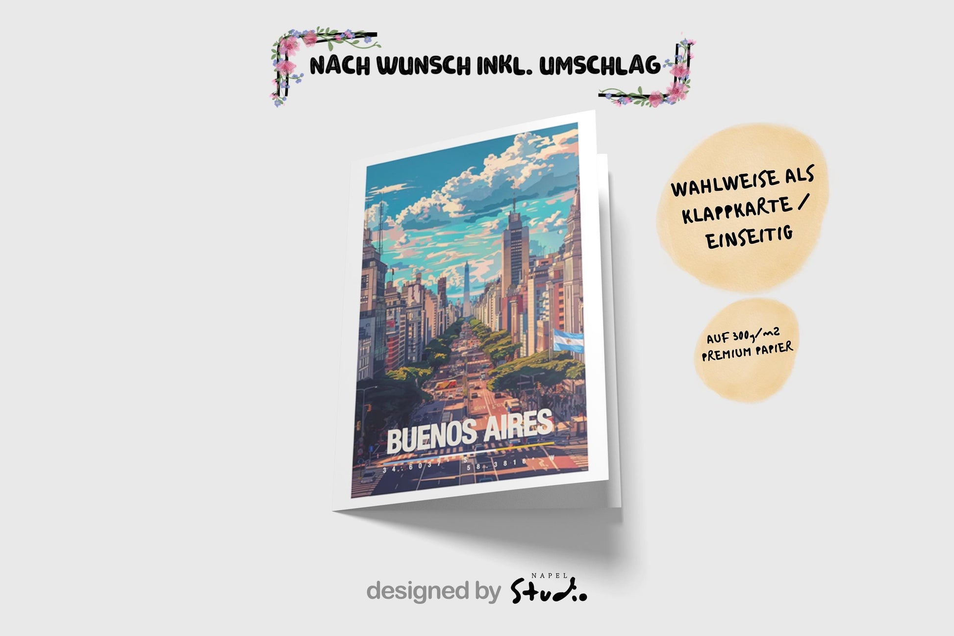 Illustration von Buenos Aires mit breiter Straße, Hochhäusern und urbanem Stadtleben. Die Szene zeigt Dynamik, Architektur und südamerikanisches Großstadtgefühl und eignet sich ideal als Erinnerung an Argentinien oder als Geschenk für City- und Reiseliebhaber.