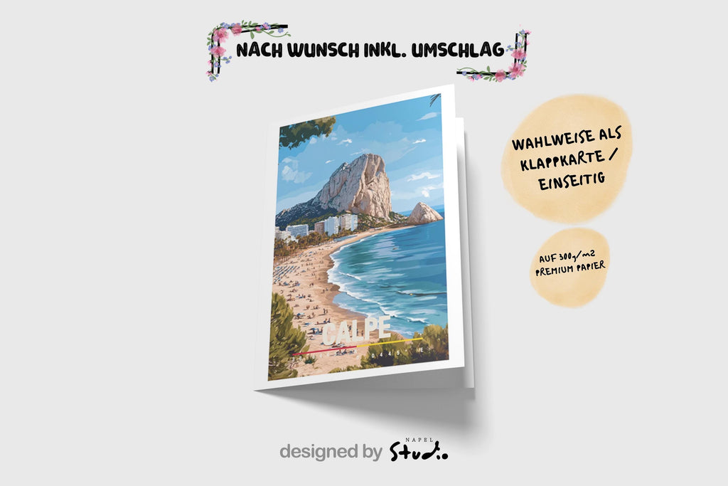 Illustration der Küste von Calpe mit goldenem Strand, türkisfarbenem Meer und dem markanten Felsen Peñón de Ifach. Die Szene wirkt sonnig, entspannt und mediterran und vermittelt Urlaubsgefühl, Sommer, Meer und spanische Küstenlandschaft.
Tags: