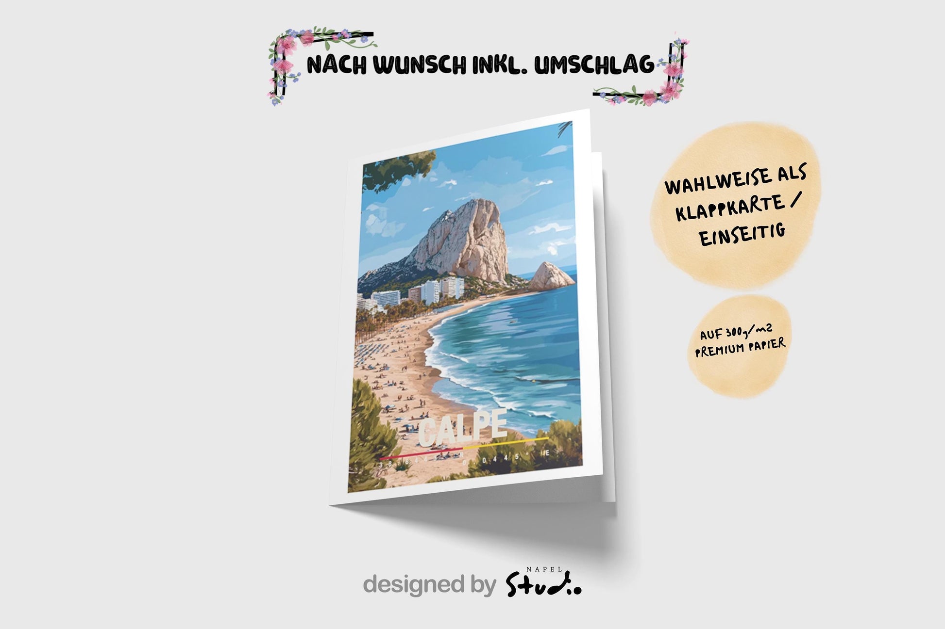 Illustration der Küste von Calpe mit goldenem Strand, türkisfarbenem Meer und dem markanten Felsen Peñón de Ifach. Die Szene wirkt sonnig, entspannt und mediterran und vermittelt Urlaubsgefühl, Sommer, Meer und spanische Küstenlandschaft.
Tags: