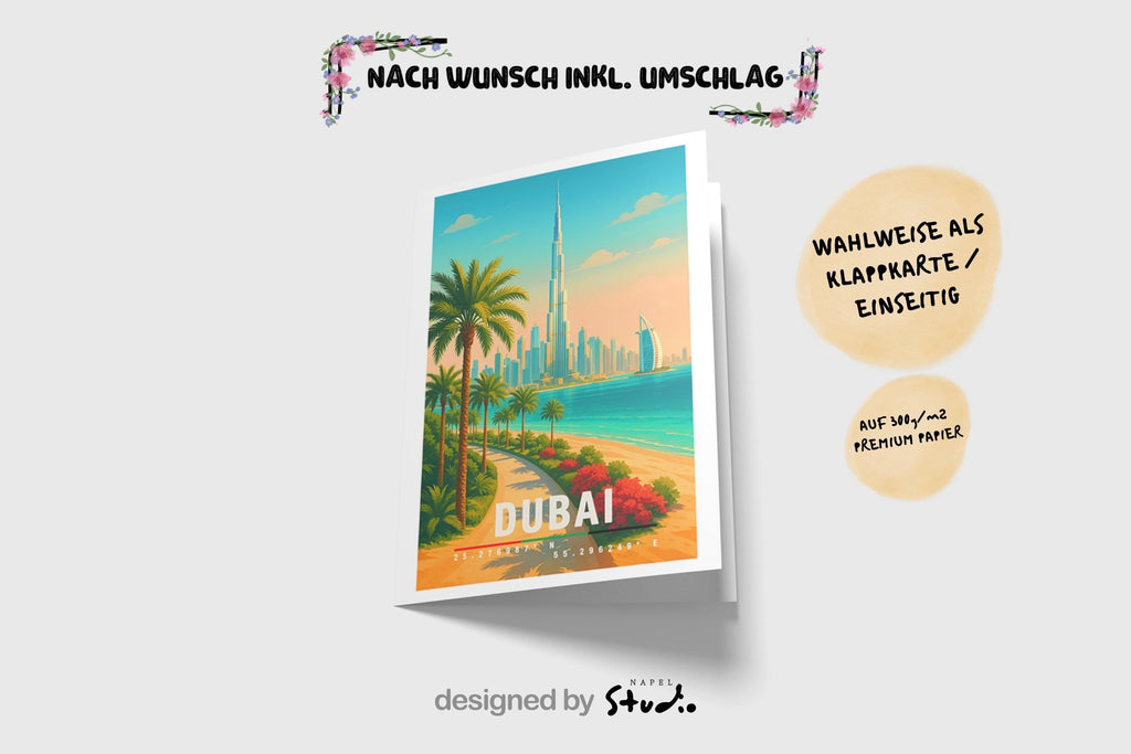 Illustrative Dubai-Grußkarte mit der Skyline, dem Burj Khalifa, Palmen und dem türkisfarbenen Meer. Warme Farben, moderner Reiseposter-Stil, klare Formen. Ideal als Glückwunschkarte, Urlaubskarte oder für Reisebegeisterte. Hochwertiges Design mit elegantem Stadtmotiv.