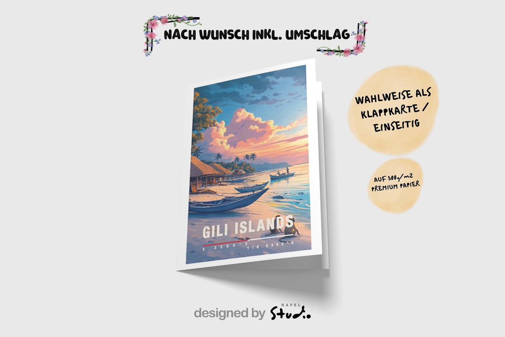 Illustration eines tropischen Strandes auf den Gili Islands mit Booten im Sand, Palmen und warmem Sonnenuntergang. Die Szene wirkt ruhig, exotisch und entspannend und vermittelt pures Insel-Feeling.
