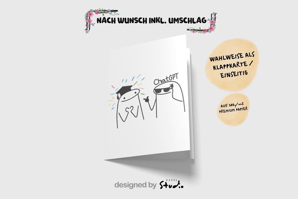 Illustration einer humorvollen Gratulationskarte im minimalistischen Cartoon-Stil. Links eine Figur mit Abschlusskappe und bunten Konfetti-Strahlen, rechts eine Figur mit Sonnenbrille und „ChatGPT“-Schriftzug. Weißer Hintergrund, klare Linien, modernes süßes Design. Perfekt als Glückwunsch- oder Abschlusskarte.