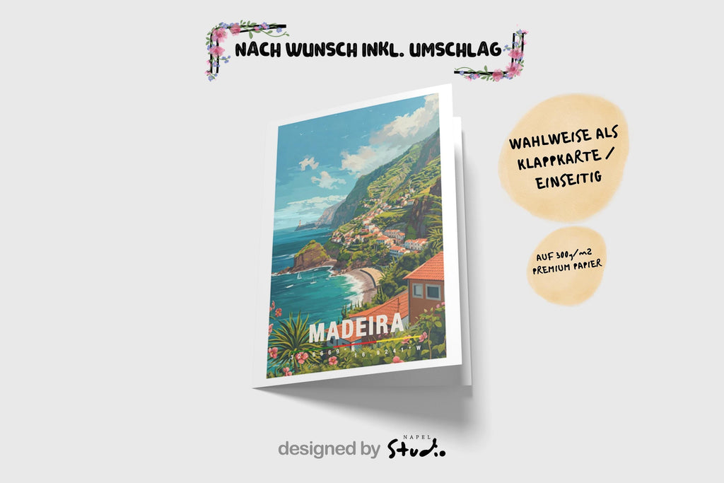 Detailreiche Illustration der Insel Madeira mit steiler grüner Küste, terrassierten Häusern und Blick auf den Atlantik. Die Farben sind lebendig und zeigen die natürliche Schönheit der portugiesischen Insel. Perfekt als Grußkarte für Naturfreunde, Reisen oder Urlaubserinnerungen.