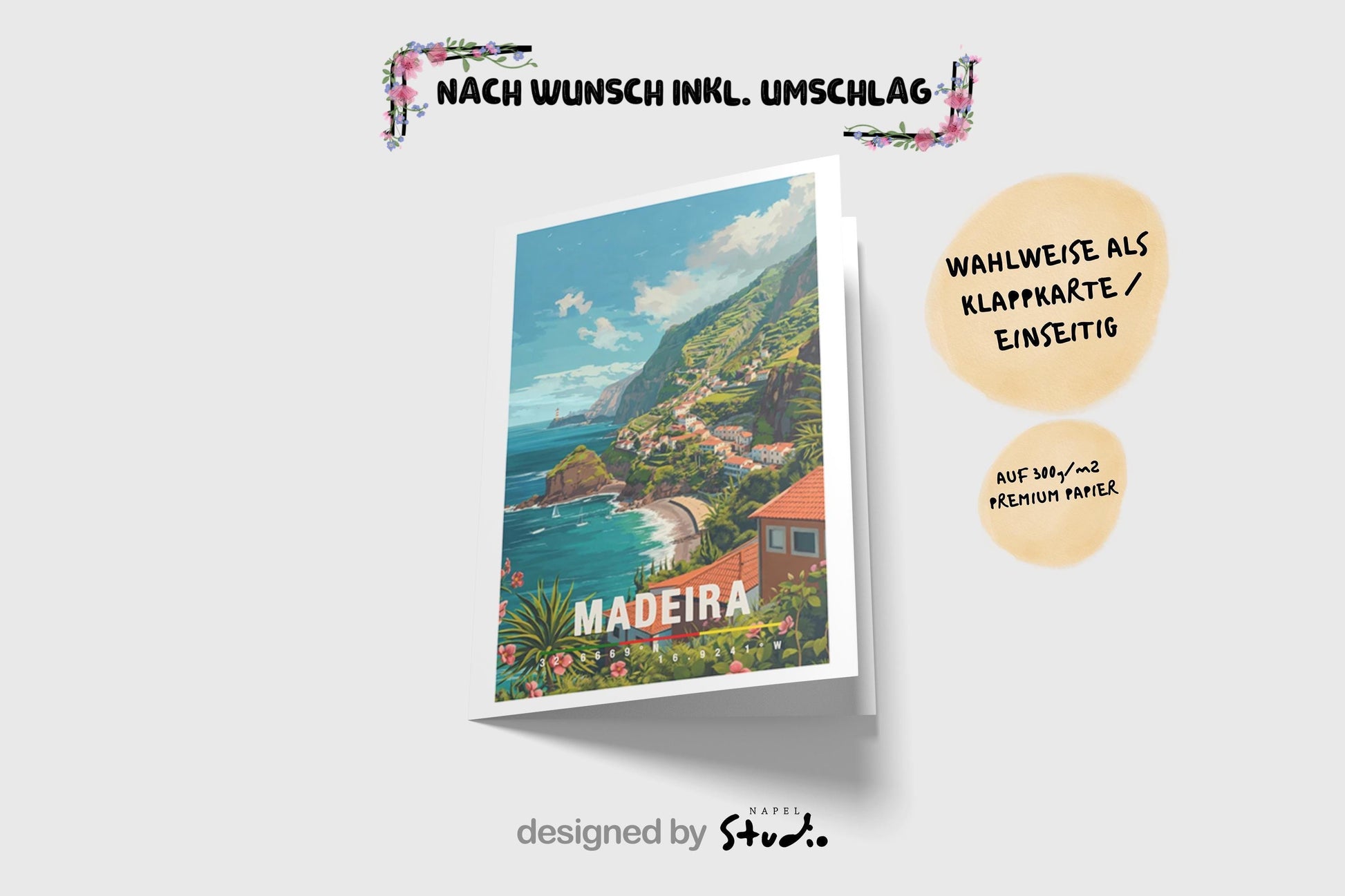 Detailreiche Illustration der Insel Madeira mit steiler grüner Küste, terrassierten Häusern und Blick auf den Atlantik. Die Farben sind lebendig und zeigen die natürliche Schönheit der portugiesischen Insel. Perfekt als Grußkarte für Naturfreunde, Reisen oder Urlaubserinnerungen.