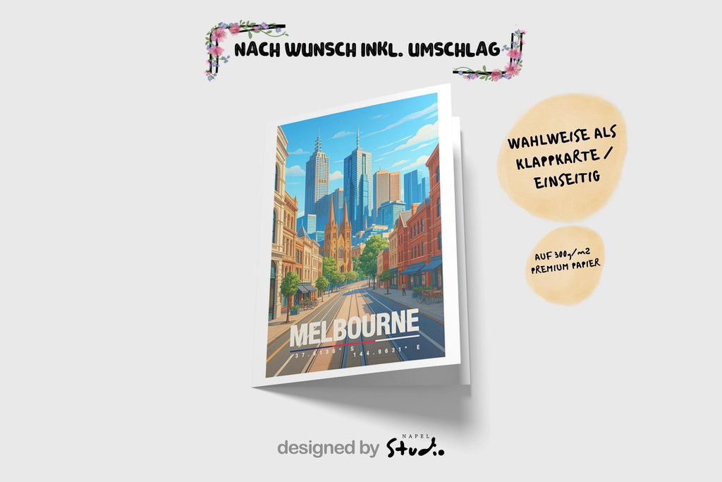 A6-Grußkarte mit Melbourne-Illustration: Blick durch eine urbane Straße mit historischen Fassaden auf eine moderne Skyline aus Hochhäusern. Klare Linien, warme Farben und moderner Travel-Poster-Stil. Ideal als Reise- oder Souvenirkarte für Melbourne- und Australien-Liebhaber.