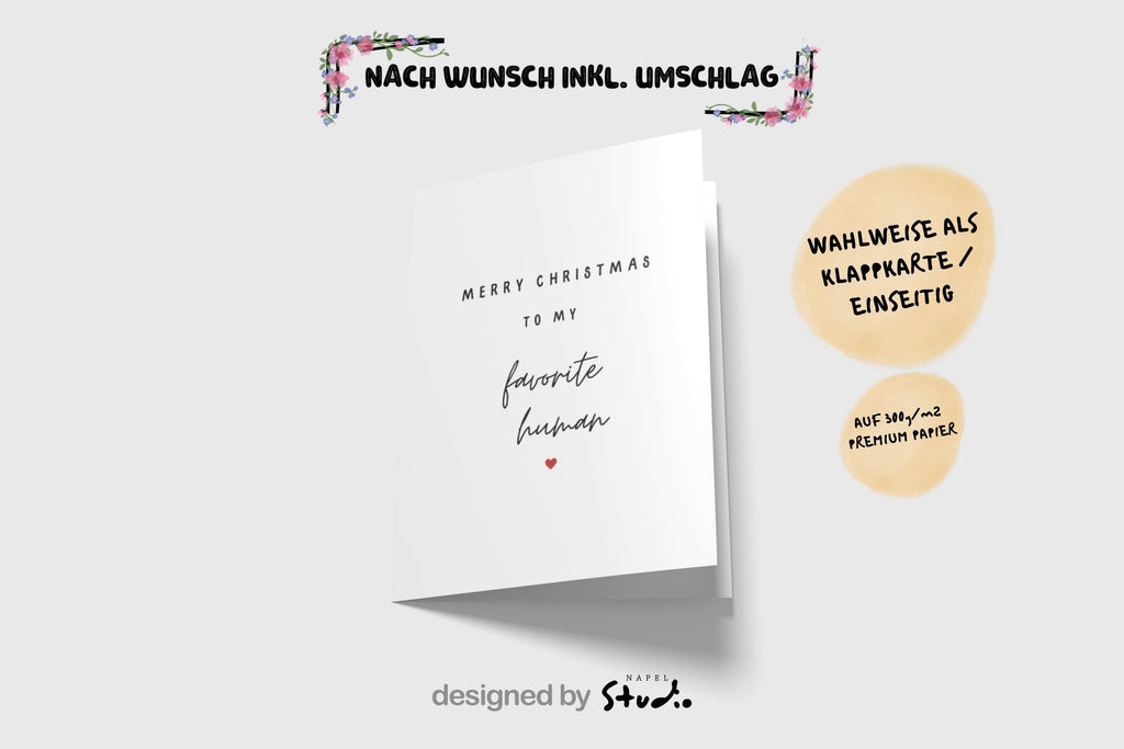 Minimalistische A6-Weihnachtskarte in Schwarz-Weiß mit dem modernen Schriftzug „favorite human“ in handgeschriebener Optik. Darunter steht „Merry Christmas to my“ in klarer Typografie. Das reduzierte, elegante Design wirkt zeitlos und persönlich und eignet sich ideal als Weihnachtsgruß für Partner, Lieblingsmenschen, Freunde oder enge Familie. Hochwertiger Druck auf stabilem 300-g-Papier, perfekt als stilvolle und moderne Aufmerksamkeit zur Weihnachtszeit.