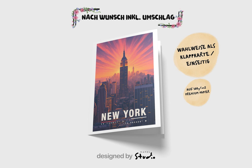 A6-Grußkarte mit New-York-Sonnenuntergang: Das Empire State Building steht im Zentrum, umgeben von orange-rosa Strahlen am Himmel. Die Skyline erscheint in warmen Lichttönen, moderne Reiseillustration, urbaner Stil. Perfekt als Reisekarte oder Geschenk für New-York-Fans.