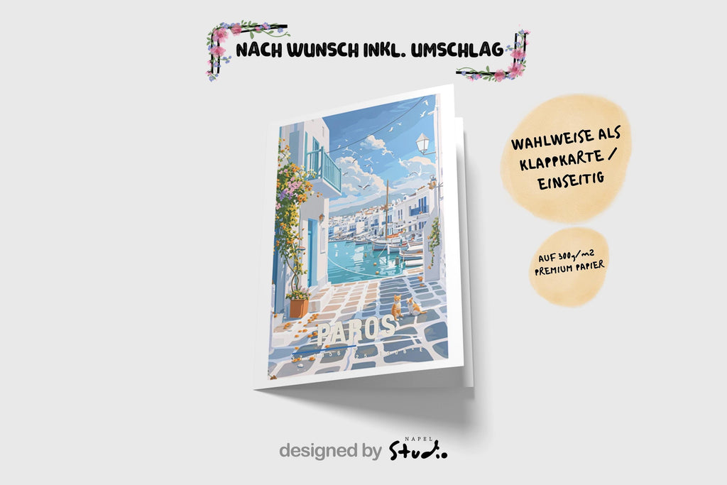 Paros Mit Weißer Gasse & Hafenblick Griechische Insel Reisekarte Paros Greece Travel