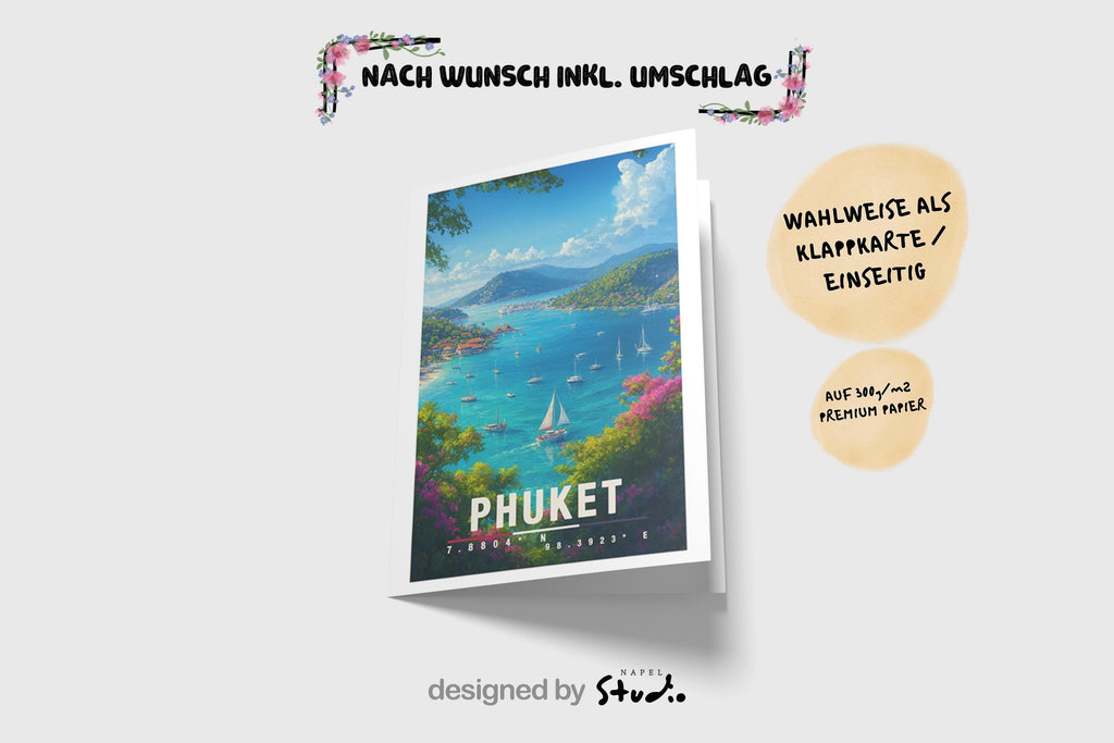 A6-Grußkarte mit Phuket-Illustration: Blick auf eine tropische Bucht mit türkisblauem Meer, zahlreichen Segelbooten und grünen Inselhügeln. Bunte Blumen und Bäume rahmen die Szene ein, im Hintergrund liegen Küste und Dörfer. Heller Himmel mit Wolken, moderner Travel-Poster-Stil, ideal als Reise- oder Souvenirkarte für Thailand- und Insel-Liebhaber.