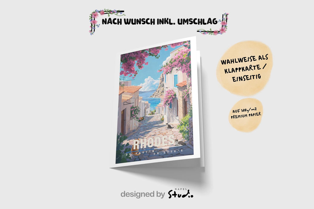 Mediterrane Illustration von Rhodos mit weißer Altstadtgasse, bunten Blumen, Katze und Blick auf das blaue Meer. Die Szene wirkt sonnig, ruhig und typisch griechisch.