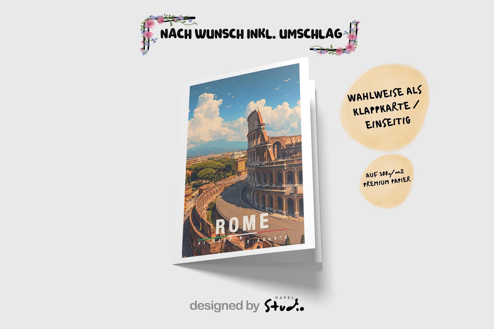 Illustration von Rom mit dem Kolosseum im Vordergrund und Blick über die historische Stadt. Die Szene ist hell, detailreich und zeitlos und zeigt die berühmte Architektur der italienischen Hauptstadt.