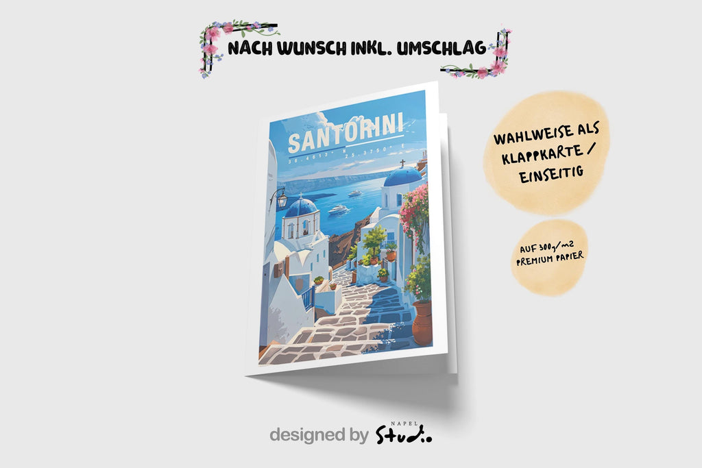 Illustration von Santorini mit weißen Häusern, blauen Kuppeln, Blumen und Blick auf das tiefblaue Meer. Die Szene wirkt ruhig, sonnig und mediterran und vermittelt typisches Griechenland-Flair und romantisches Reisegefühl.