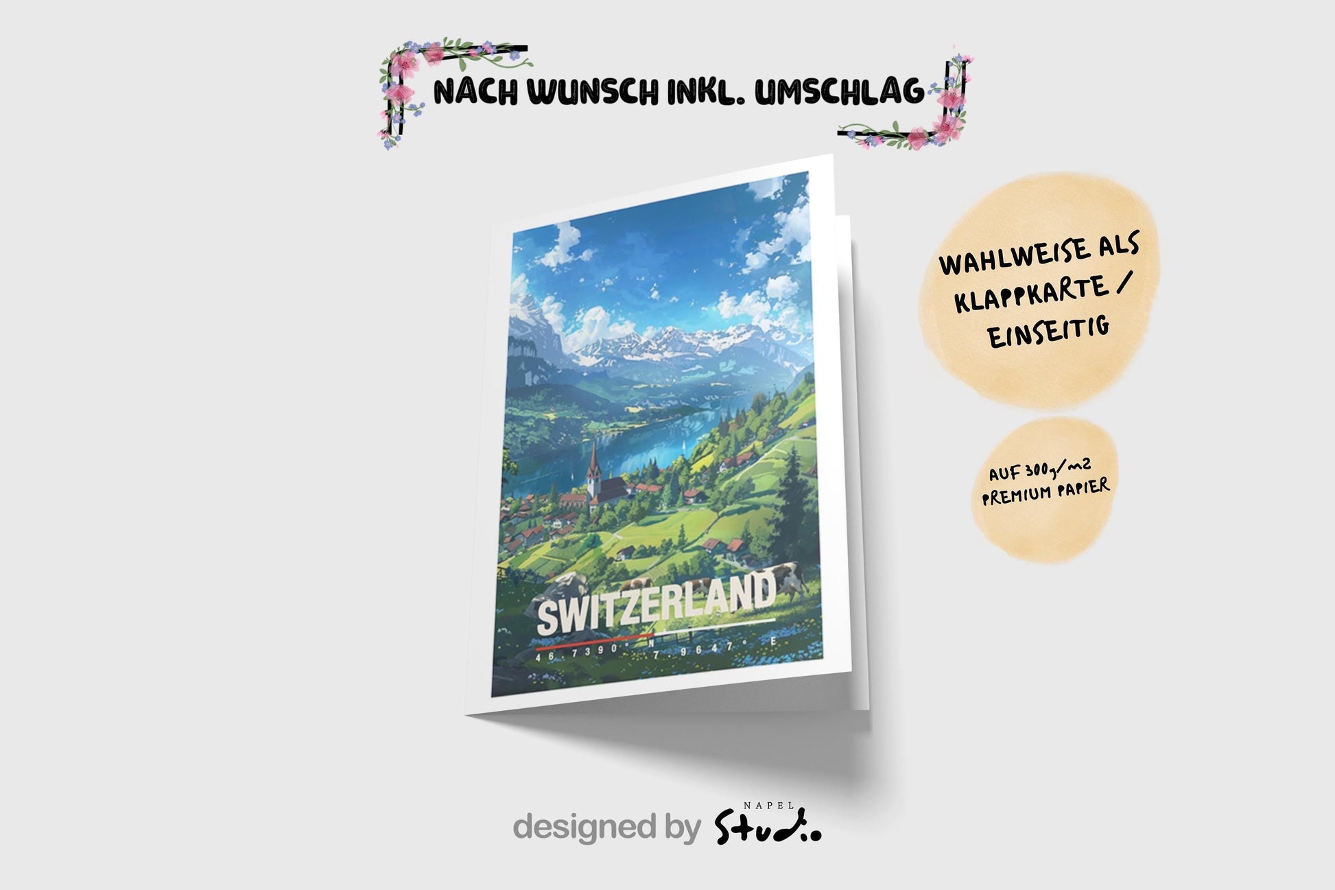 Illustration einer idyllischen Schweizer Landschaft mit grünen Wiesen, See, Bergen und einem kleinen Dorf mit Kirche. Die Szene vermittelt Ruhe, Naturverbundenheit und alpine Schönheit, ideal für Naturliebhaber, Wanderfans oder als dekorative Reisekarte.