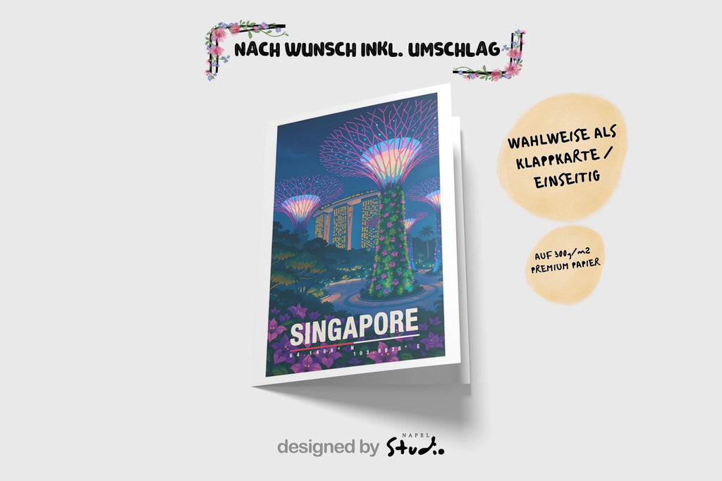 Moderne Illustration von Singapur bei Nacht mit den ikonischen Supertrees im Gardens by the Bay, beleuchteten Hochhäusern und Menschen im Park. Die Farben sind lebendig, futuristisch und tropisch, ideal für Fans von asiatischen Metropolen, Architektur und urbaner Reisekunst.