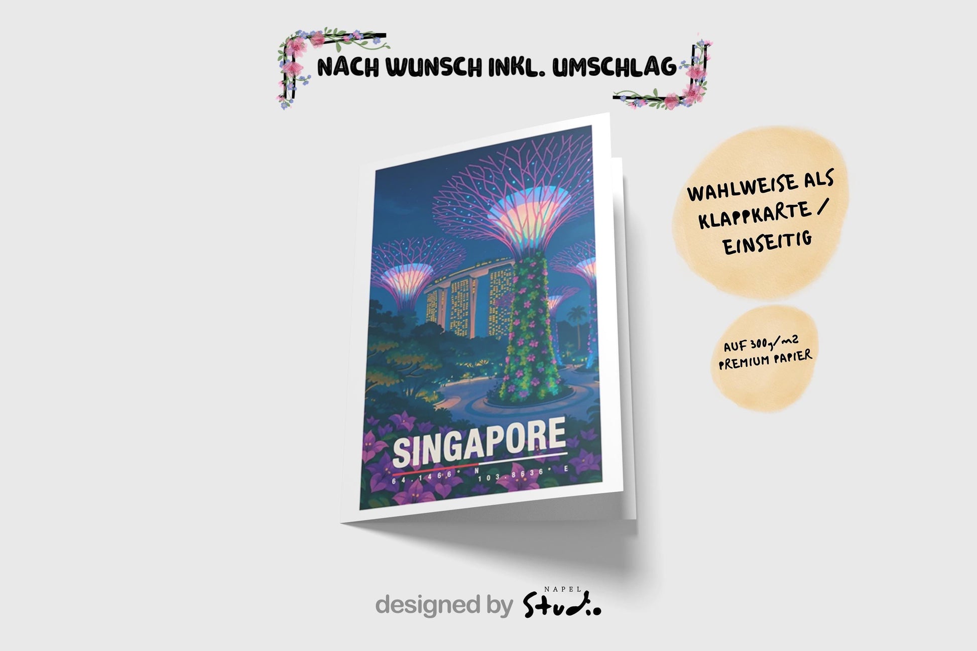 Moderne Illustration von Singapur bei Nacht mit den ikonischen Supertrees im Gardens by the Bay, beleuchteten Hochhäusern und Menschen im Park. Die Farben sind lebendig, futuristisch und tropisch, ideal für Fans von asiatischen Metropolen, Architektur und urbaner Reisekunst.