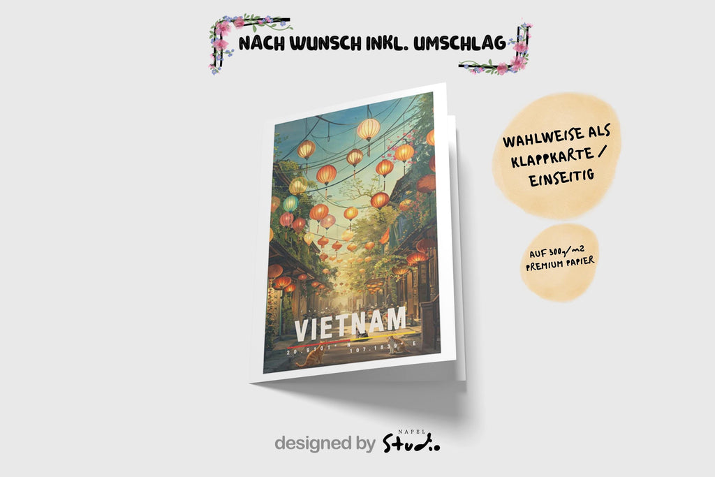 Illustration einer vietnamesischen Altstadtstraße mit vielen bunten Laternen, warmem Licht und ruhiger Abendstimmung. Die Szene wirkt nostalgisch, lebendig und vermittelt asiatisches Reiseflair.
