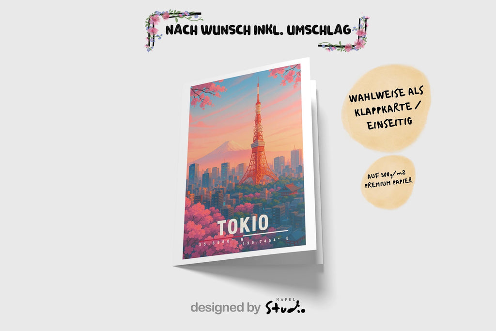 Illustration der Stadt Tokio mit dem roten Tokyo Tower im warmen Sonnenuntergang. Im Hintergrund ist der schneebedeckte Berg Fuji zu sehen. Rosa Kirschblüten umrahmen die Szene, während zahlreiche Hochhäuser eine typische Skyline bilden. Leuchtende Farben, moderner Travel-Poster-Stil, ideal für Japan- und Sakura-Liebhaber.
