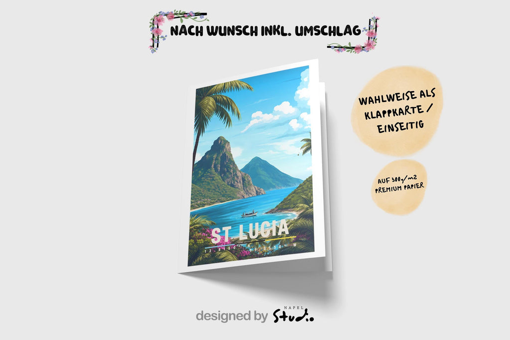 St. Lucia Grußkarte mit Pitons & Karibikstrand | Exotische Reisekarte | St Lucia Caribbean Travel Art Illustration von St. Lucia mit den markanten Pitons, üppiger Natur und türkisblauem Meer. Die Szene wirkt exotisch, ruhig und vermittelt karibisches Reisegefühl.