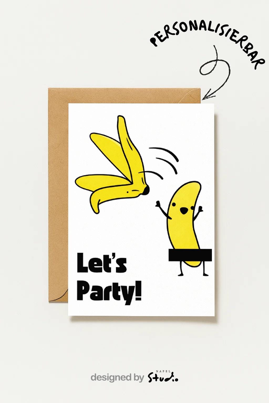 Witzige Illustration von zwei gelben Bananen, eine davon tanzend, mit dem Schriftzug „Let’s Party!“. Modernes, freches Design mit klaren Linien und starkem Humor. Ideal als lustige Geburtstags- oder Partykarte für Freunde, Erwachsene und alle, die Spaß und gute Laune verschenken möchten.