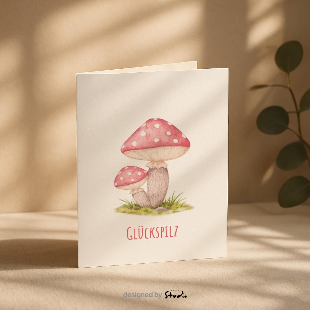Aquarell-Illustration von zwei roten Fliegenpilzen mit weißen Punkten auf einer grünen Wiese. Darunter steht der Schriftzug „Glückspilz“. Die Karte vermittelt Glück, Wärme und Naturverbundenheit und eignet sich perfekt als Geburtstagskarte, Glückwunschkarte oder kleine Aufmerksamkeit für liebe Menschen.