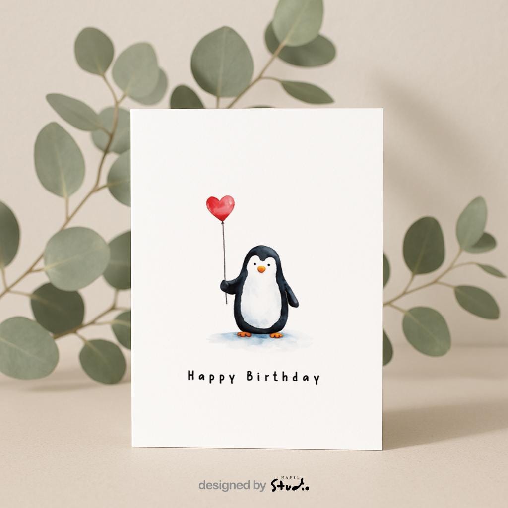 Niedliche Aquarell-Illustration eines kleinen Pinguins, der einen roten Herzballon hält. Darunter steht „Happy Birthday“. Die Karte strahlt Wärme, Freude und Zuneigung aus und eignet sich perfekt als Geburtstagskarte für Kinder, Partner, Freunde oder alle, die süße Tiermotive lieben.