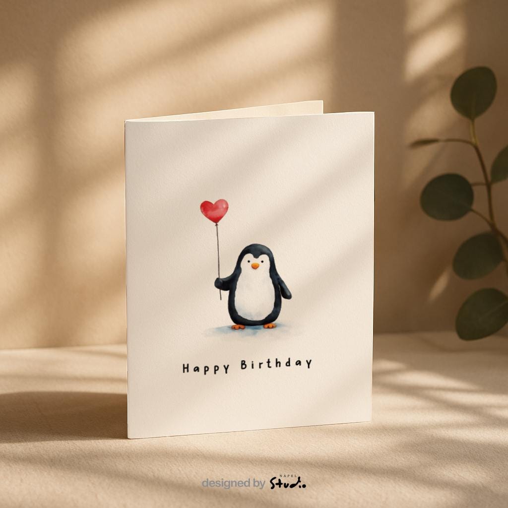 Niedliche Aquarell-Illustration eines kleinen Pinguins, der einen roten Herzballon hält. Darunter steht „Happy Birthday“. Die Karte strahlt Wärme, Freude und Zuneigung aus und eignet sich perfekt als Geburtstagskarte für Kinder, Partner, Freunde oder alle, die süße Tiermotive lieben.
