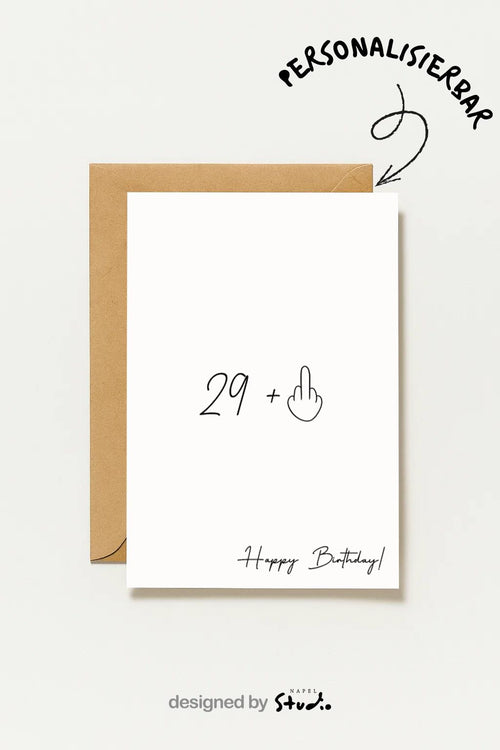 Minimalistische Geburtstagskarte mit der Zahl 29 und einer gezeichneten Hand, die den Mittelfinger zeigt. Humorvolles, freches Design auf hellem Hintergrund mit Schriftzug „Happy Birthday“. Ideal als lustige Geburtstagskarte für Freunde, Partner oder Geschwister mit schwarzem Humor, modernem Stil und klarer Linienillustration.
