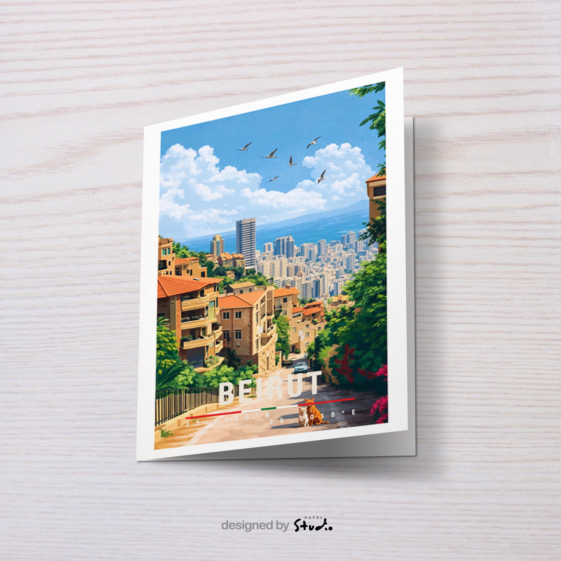 Postkarte Beirut Illustrierte Stadt Libanon Mit Moscheen, Altstadt, Küste & Urbanem Lebensgefühl