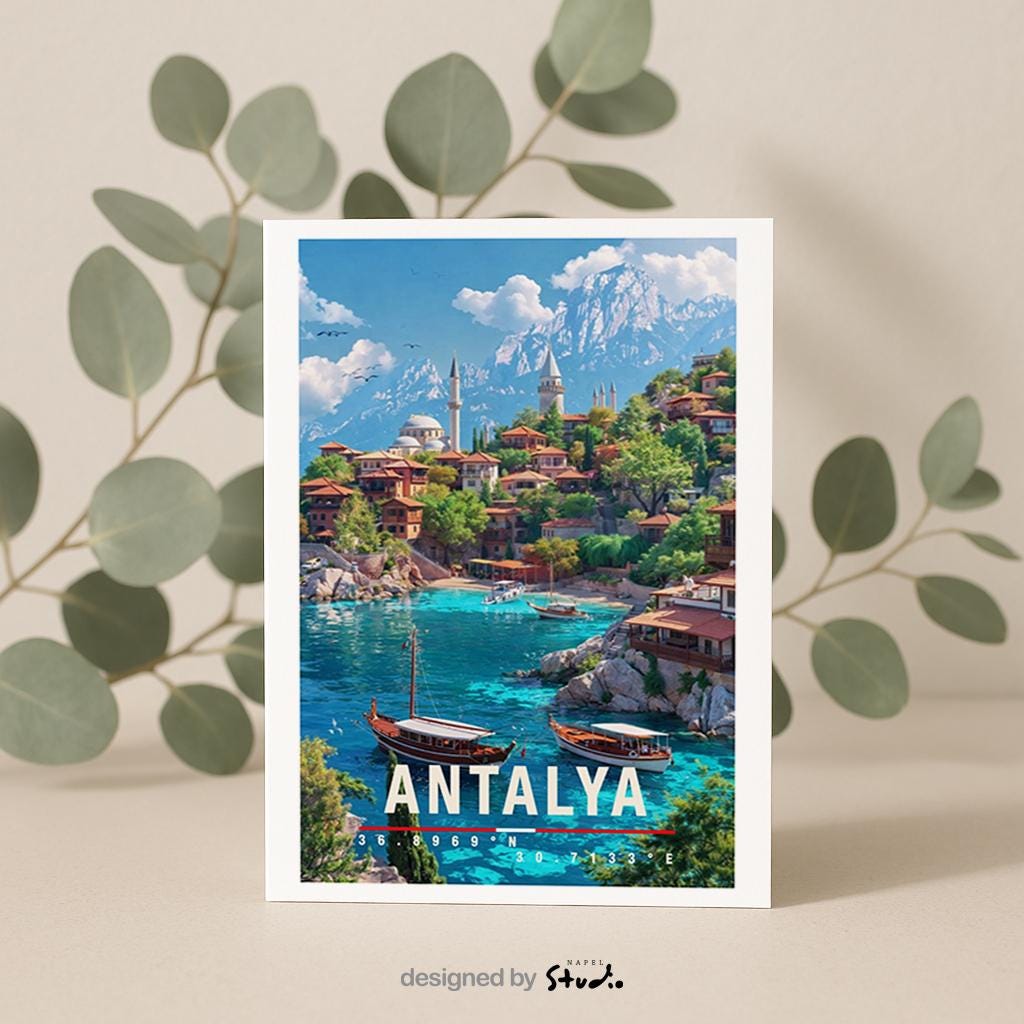 Postkarte Antalya Mediterrane Reise Türkei Mit Küste, Booten & Bergen Im Hintergrund