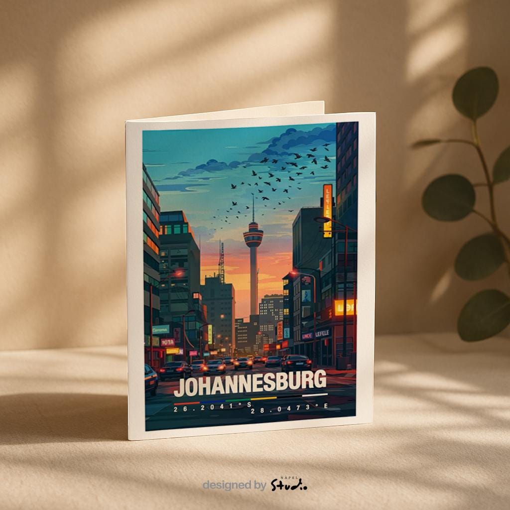 Detaillierte Illustration von Johannesburg mit moderner Skyline bei Sonnenuntergang. Eine breite Straße führt durch die Stadt, flankiert von hohen Gebäuden, Neonlichtern und urbanem Alltag. Im Hintergrund ragt ein markanter Turm über die Dächer. Warme Abendfarben, Stadtverkehr und Architektur vermitteln das pulsierende Großstadtgefühl Südafrikas und machen die Szene lebendig, modern und reisefreudig.
