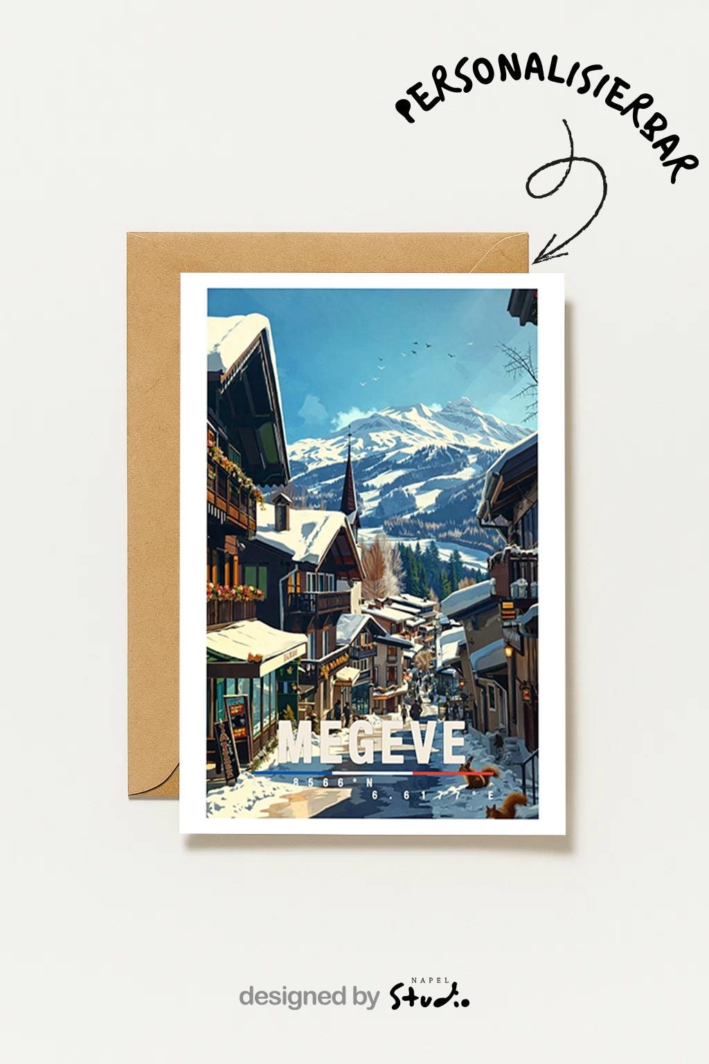 Winterliche Illustration von Megève mit charmanten alpinen Chalets, verschneiten Dächern und einer ruhigen Dorfstraße. Im Hintergrund erheben sich majestätische Alpen mit klaren Schneelandschaften. Warme Holzhäuser, kleine Geschäfte und winterliches Licht erzeugen eine gemütliche, elegante Atmosphäre und spiegeln den klassischen Luxus-Charakter eines französischen Alpenortes wider.