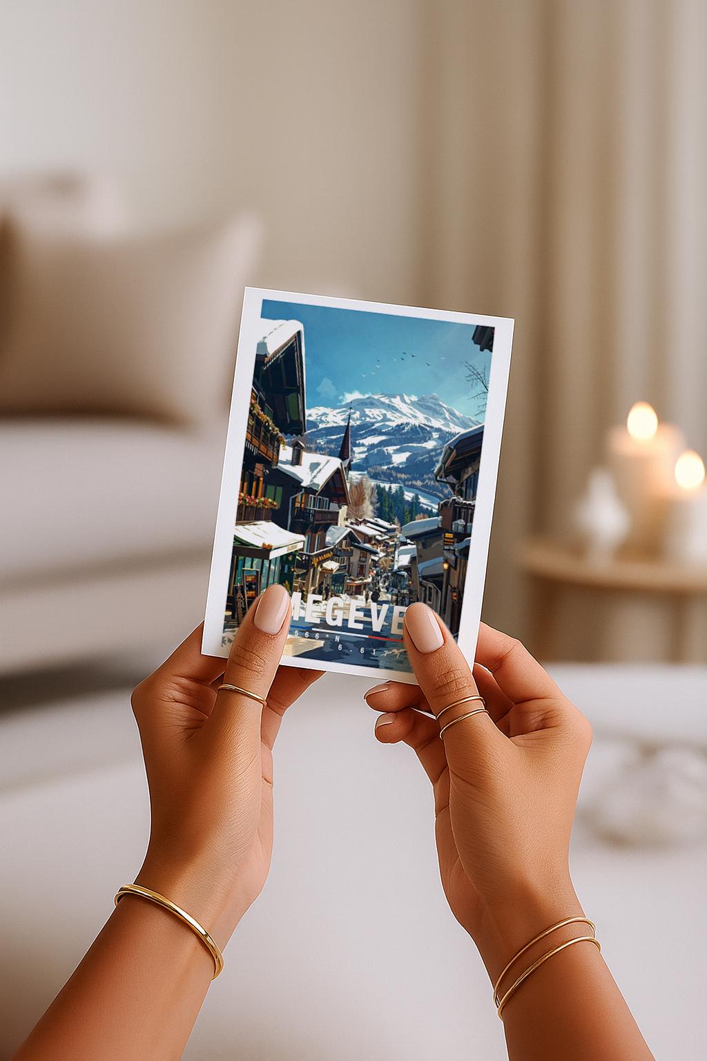 Winterliche Illustration von Megève mit charmanten alpinen Chalets, verschneiten Dächern und einer ruhigen Dorfstraße. Im Hintergrund erheben sich majestätische Alpen mit klaren Schneelandschaften. Warme Holzhäuser, kleine Geschäfte und winterliches Licht erzeugen eine gemütliche, elegante Atmosphäre und spiegeln den klassischen Luxus-Charakter eines französischen Alpenortes wider.