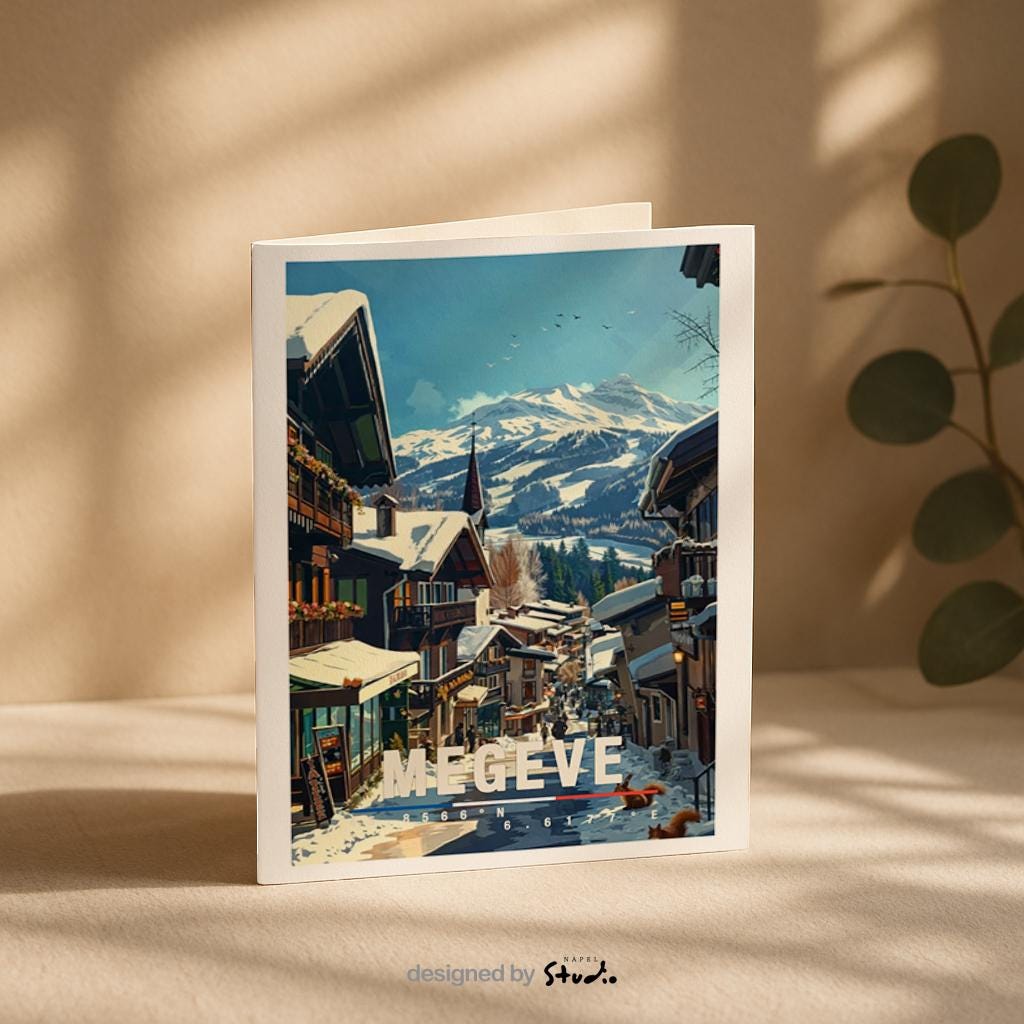 Winterliche Illustration von Megève mit charmanten alpinen Chalets, verschneiten Dächern und einer ruhigen Dorfstraße. Im Hintergrund erheben sich majestätische Alpen mit klaren Schneelandschaften. Warme Holzhäuser, kleine Geschäfte und winterliches Licht erzeugen eine gemütliche, elegante Atmosphäre und spiegeln den klassischen Luxus-Charakter eines französischen Alpenortes wider.