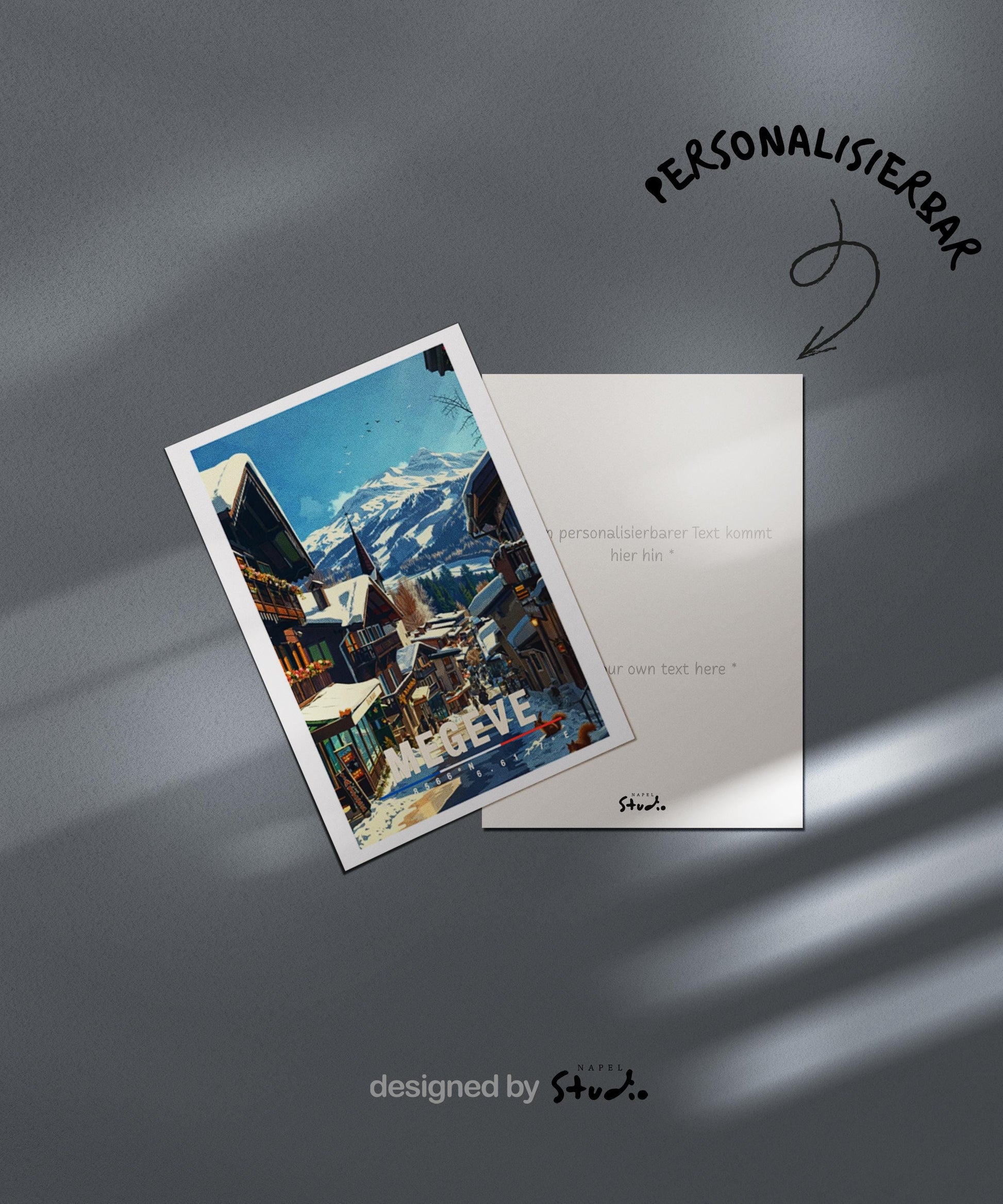 Winterliche Illustration von Megève mit charmanten alpinen Chalets, verschneiten Dächern und einer ruhigen Dorfstraße. Im Hintergrund erheben sich majestätische Alpen mit klaren Schneelandschaften. Warme Holzhäuser, kleine Geschäfte und winterliches Licht erzeugen eine gemütliche, elegante Atmosphäre und spiegeln den klassischen Luxus-Charakter eines französischen Alpenortes wider.