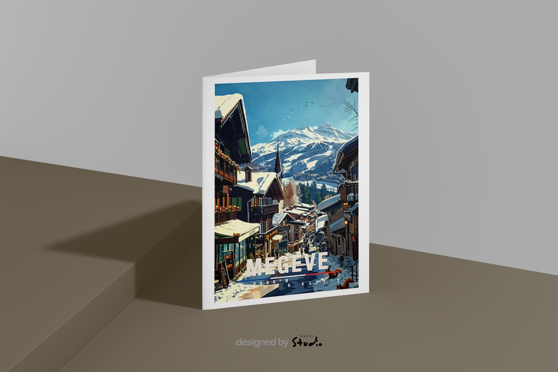 Winterliche Illustration von Megève mit charmanten alpinen Chalets, verschneiten Dächern und einer ruhigen Dorfstraße. Im Hintergrund erheben sich majestätische Alpen mit klaren Schneelandschaften. Warme Holzhäuser, kleine Geschäfte und winterliches Licht erzeugen eine gemütliche, elegante Atmosphäre und spiegeln den klassischen Luxus-Charakter eines französischen Alpenortes wider.