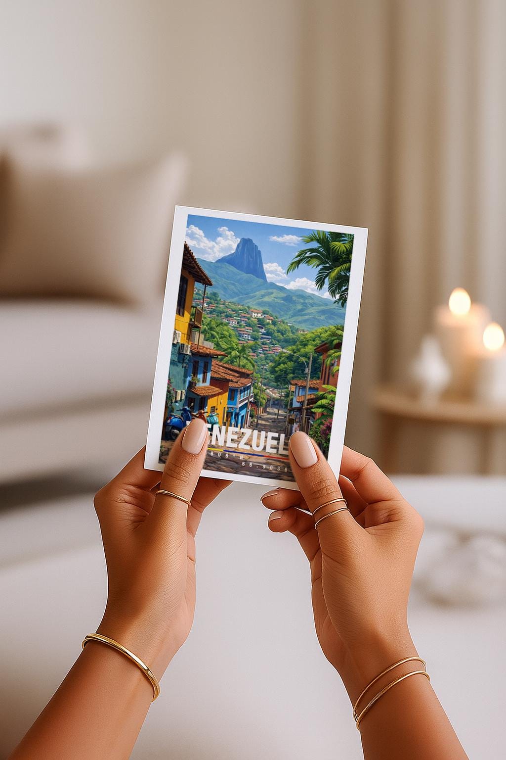 Farbenfrohe Illustration einer venezolanischen Stadt mit hügeliger Landschaft, tropischer Vegetation und dicht aneinandergereihten Häusern. Schmale Straßen führen durch die lebendige Umgebung, während grüne Berge im Hintergrund für Tiefe sorgen. Die warme Farbpalette vermittelt südamerikanisches Lebensgefühl, Naturverbundenheit und eine authentische urbane Reiseszene.