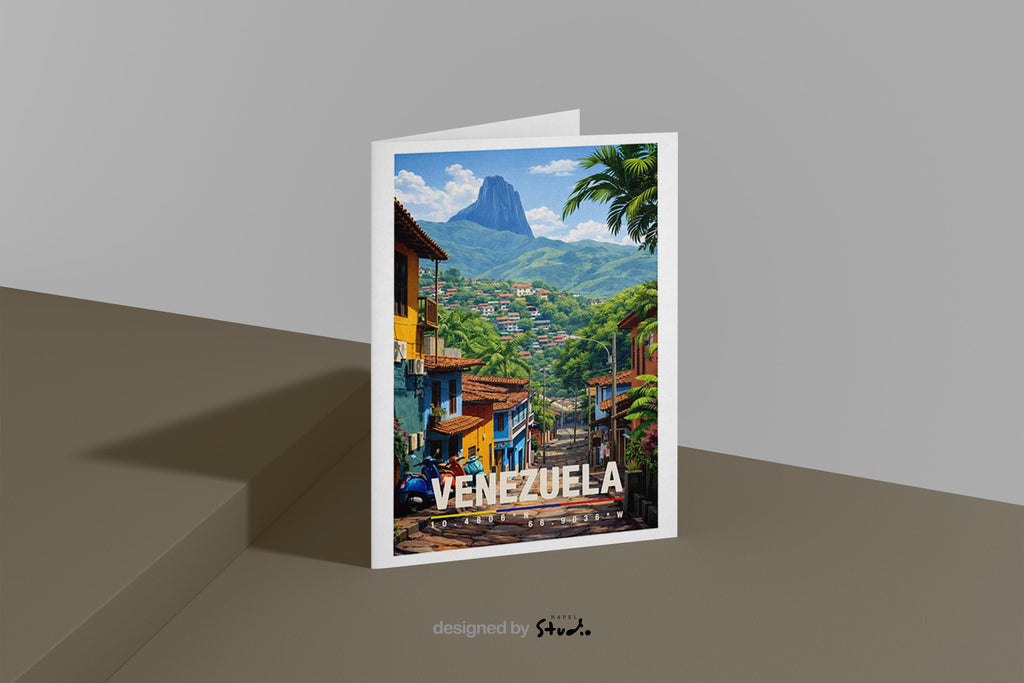 Farbenfrohe Illustration einer venezolanischen Stadt mit hügeliger Landschaft, tropischer Vegetation und dicht aneinandergereihten Häusern. Schmale Straßen führen durch die lebendige Umgebung, während grüne Berge im Hintergrund für Tiefe sorgen. Die warme Farbpalette vermittelt südamerikanisches Lebensgefühl, Naturverbundenheit und eine authentische urbane Reiseszene.